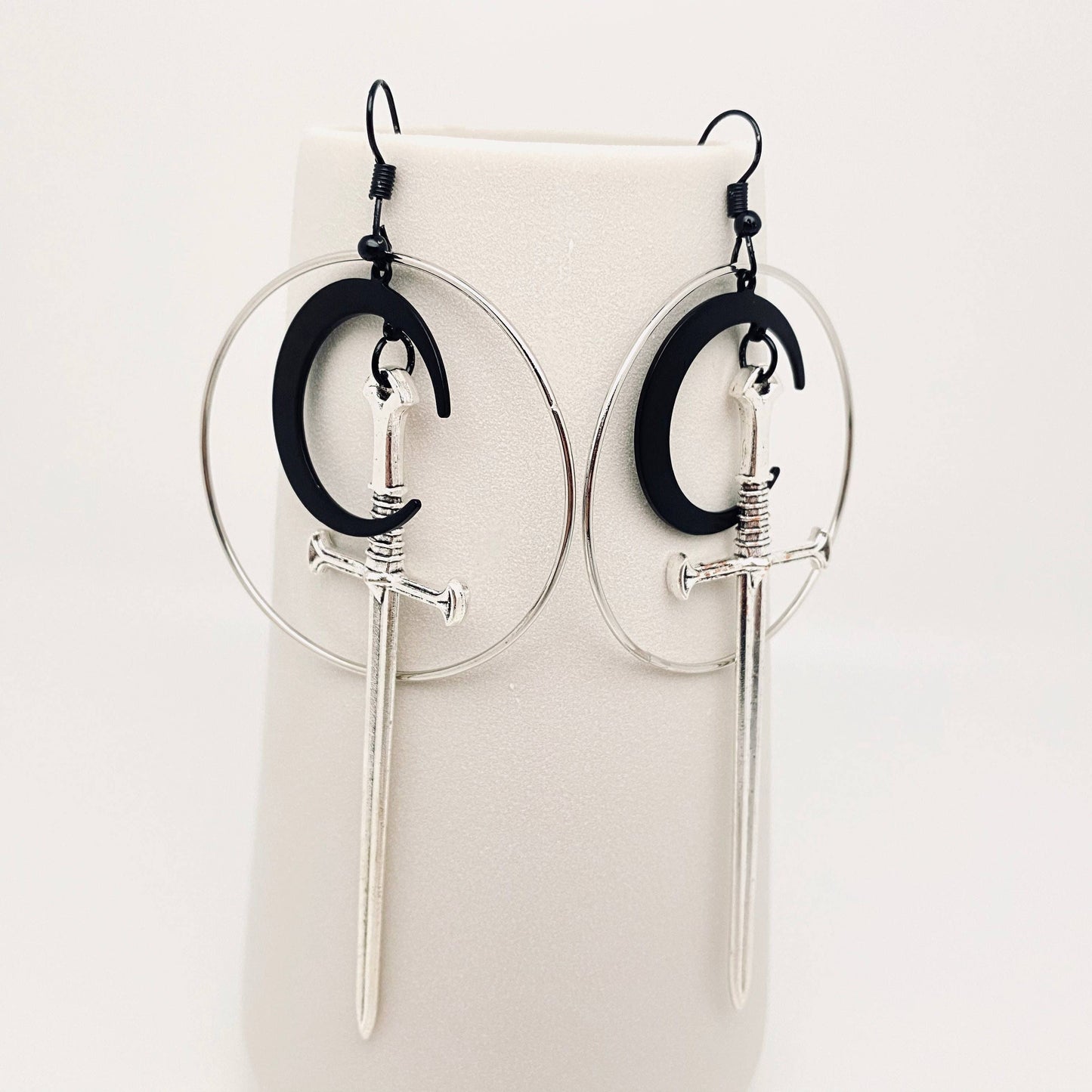 Gothic Big Circle Black Moon Long Sword Earrings
