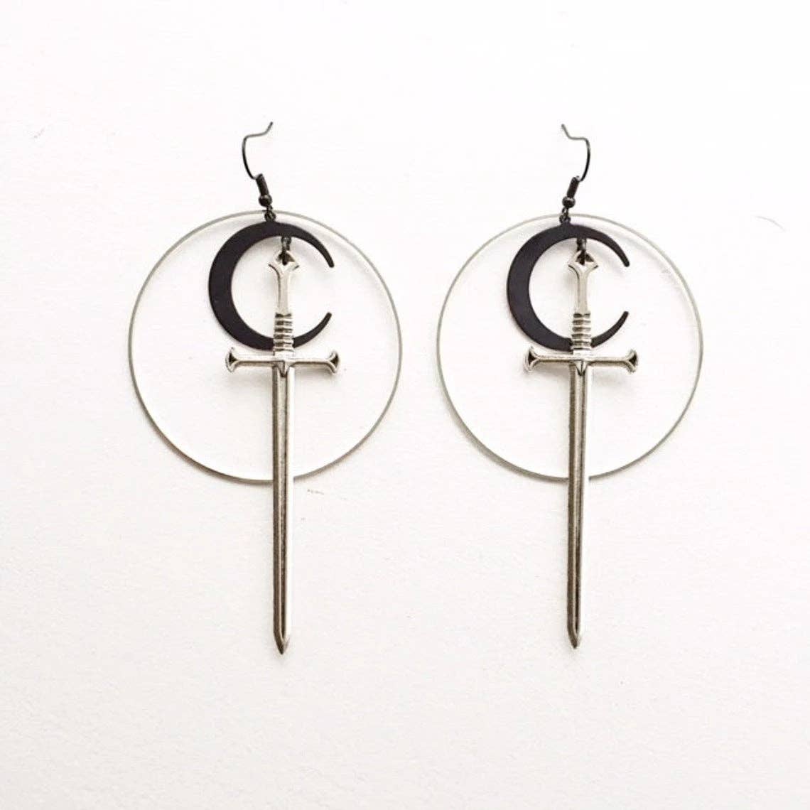 Gothic Big Circle Black Moon Long Sword Earrings