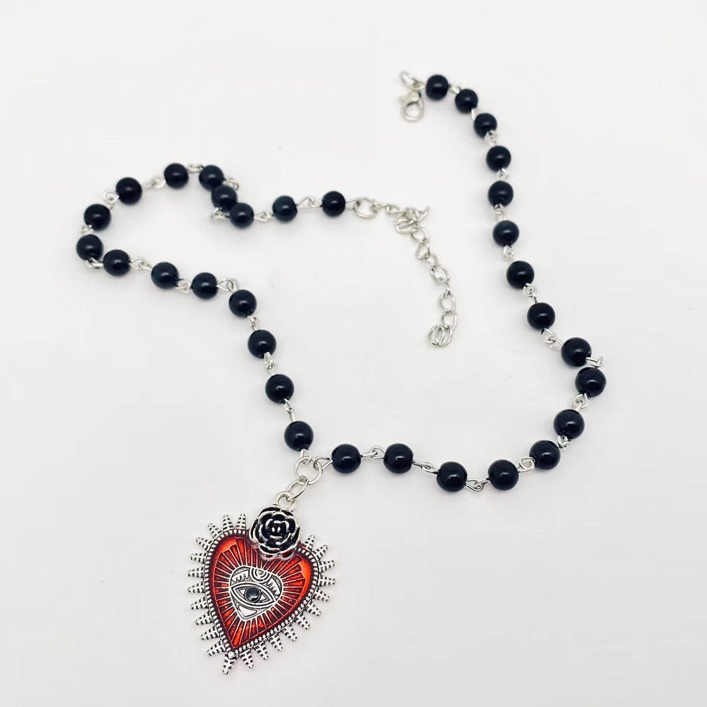 Gothic Red Devil's Eye Pendant Beaded Chain Necklace