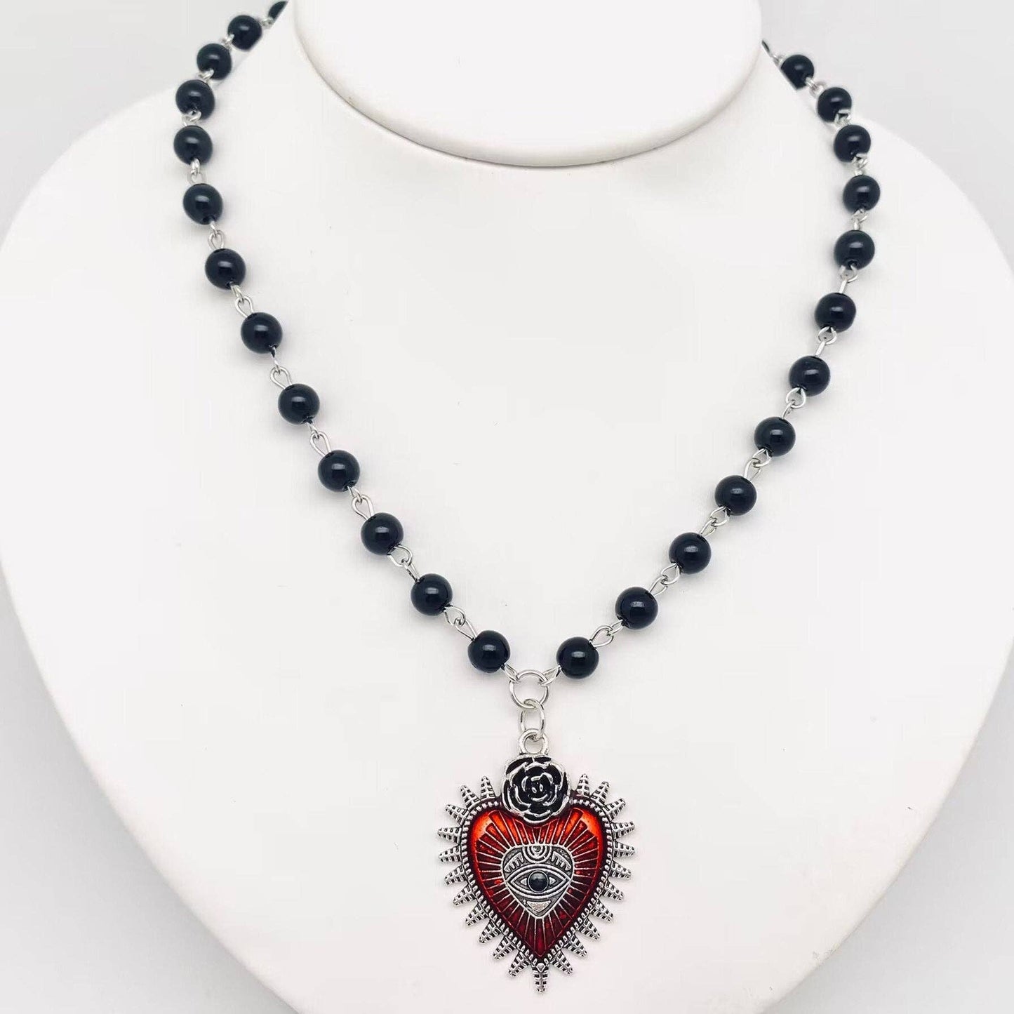 Gothic Red Devil's Eye Pendant Beaded Chain Necklace
