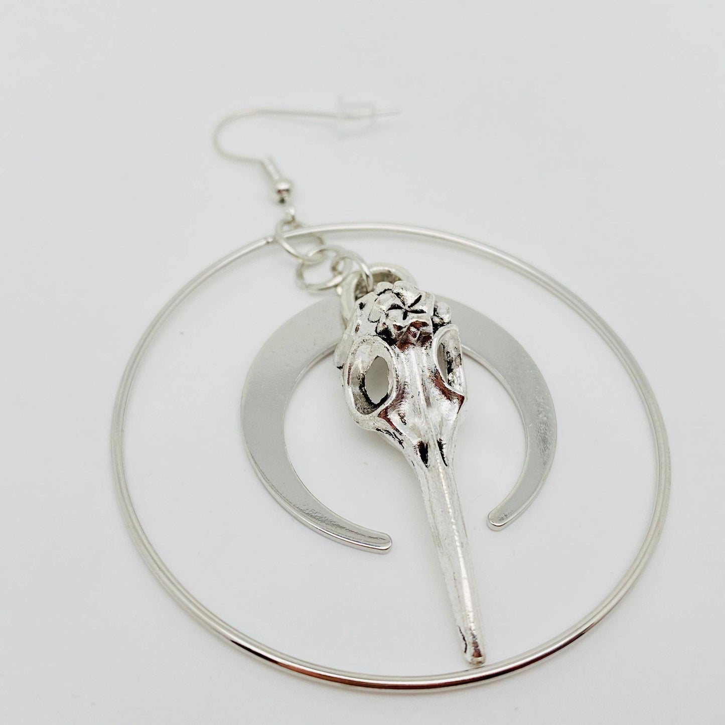 Moon and Skull Pendant Gothic Earrings - Silver