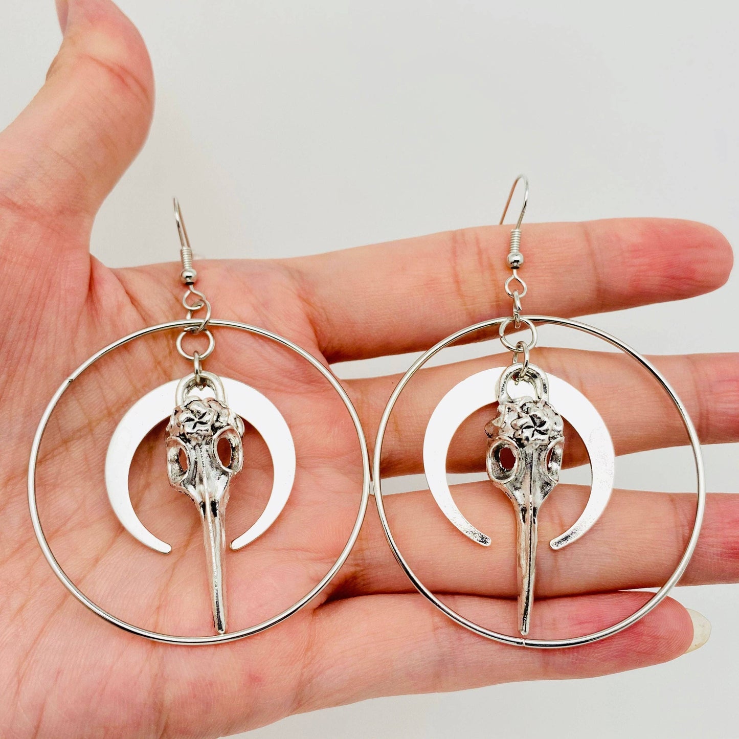 Moon and Skull Pendant Gothic Earrings - Silver