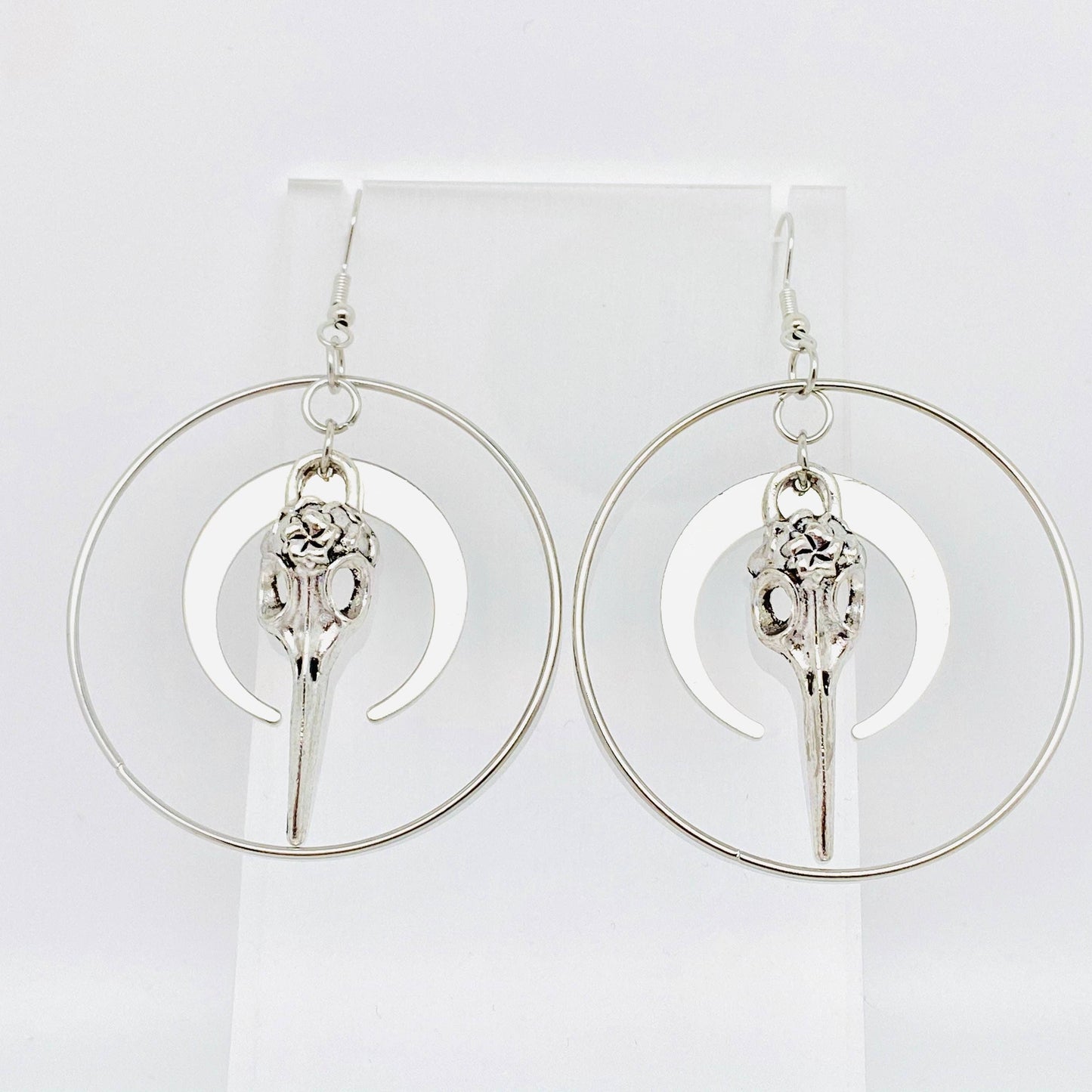 Moon and Skull Pendant Gothic Earrings - Silver
